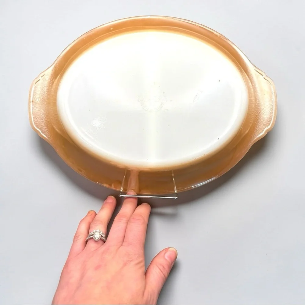 Vintage Fire King Peach Luster Reverse Logo Divided Casserole Serving Dish #468